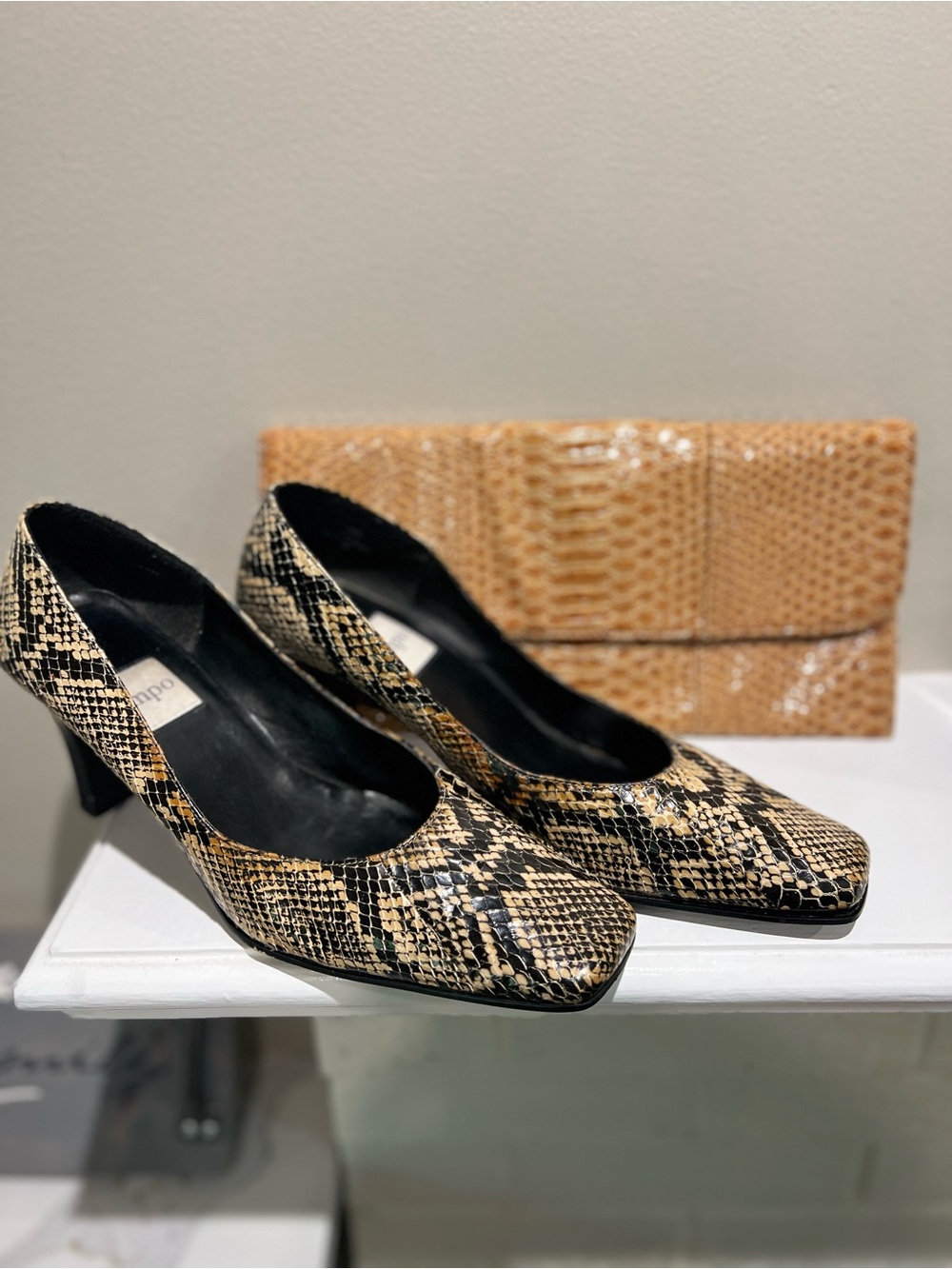 Impo Snakeskin Leather Pumps Size 9.5 + Snake Print Clutch Bundle Y2K